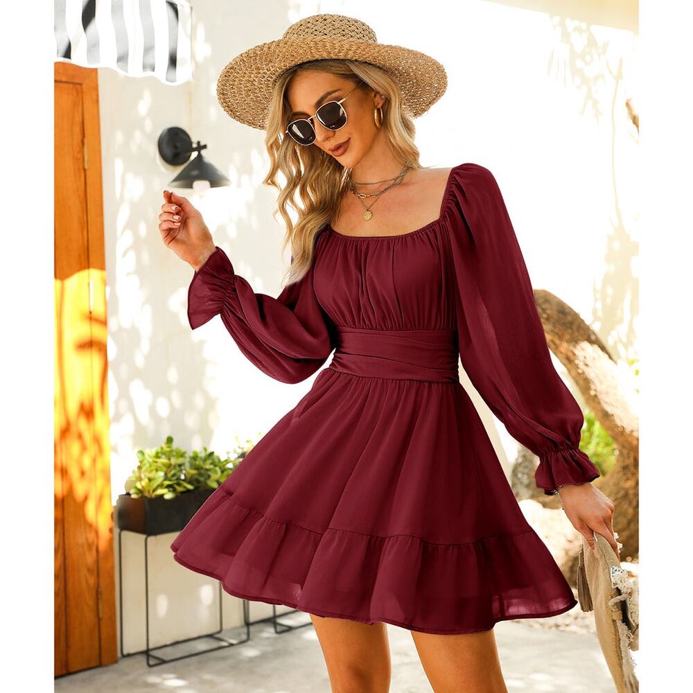 NWT Exlura Babydoll Swiss Dot Open Back Mini Dress L Maroon Cottagecore Coquette